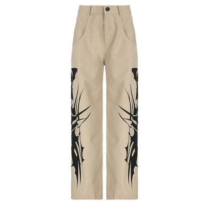 Women Personality Ink Painting Pattern Casual High Waist Drape Straight Pants