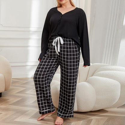 Conjunto de pijama informal de talla grande para mujer, de color liso, con top de manga larga y pantalones con estampado a cuadros