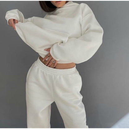 Conjunto deportivo informal de dos piezas con capucha y pantalones de manga larga de color liso para mujer