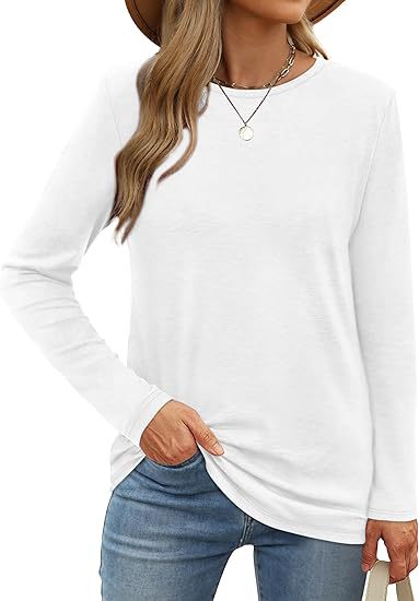 Camiseta informal de verano para mujer, color liso, cuello redondo, manga larga, en blanco