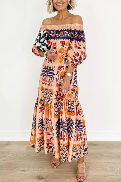 Bohemian Women Casual Printed Off-Shoulder Loose Maxi Dress