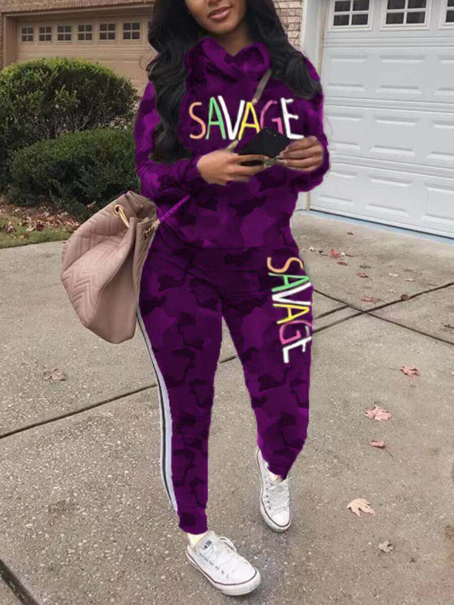 Conjunto de dos piezas de top y pantalón de manga larga con estampado de letras para mujer, informal, de talla grande