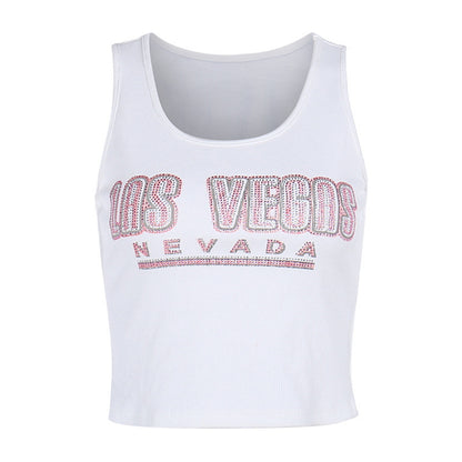 Women Fashion Casual Printed Rhinestone Slim-Fit Tank Top