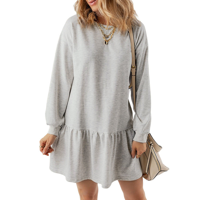 Vestido mini informal de manga larga con cuello redondo y color liso para mujer