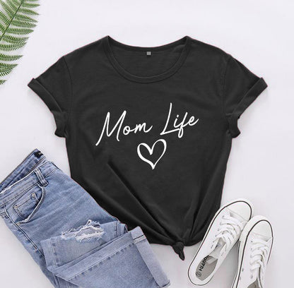 Camiseta informal de manga corta para mujer con texto "Mamá, vida de madre, feliz día de la madre"