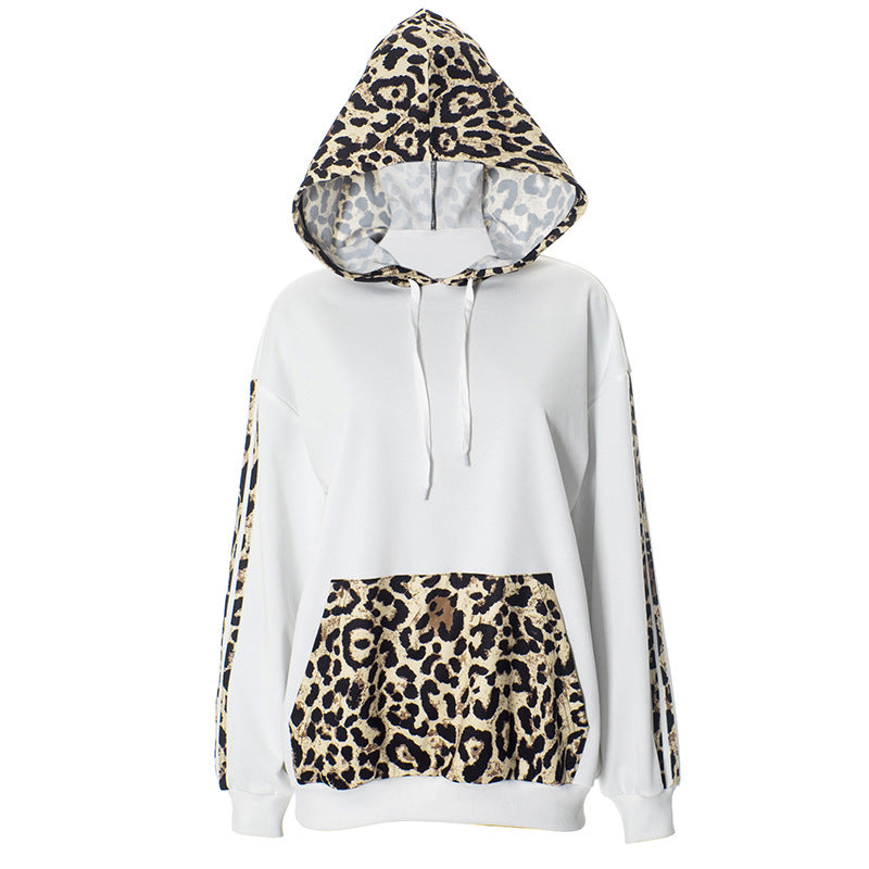Autumn Winter Women Casual Leopard Patchwork Printed Drawstring Long Sleeve Hoodies