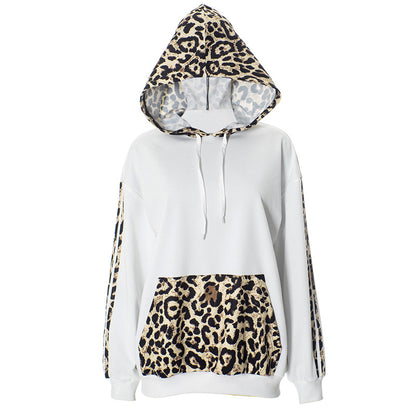 Autumn Winter Women Casual Leopard Patchwork Printed Drawstring Long Sleeve Hoodies