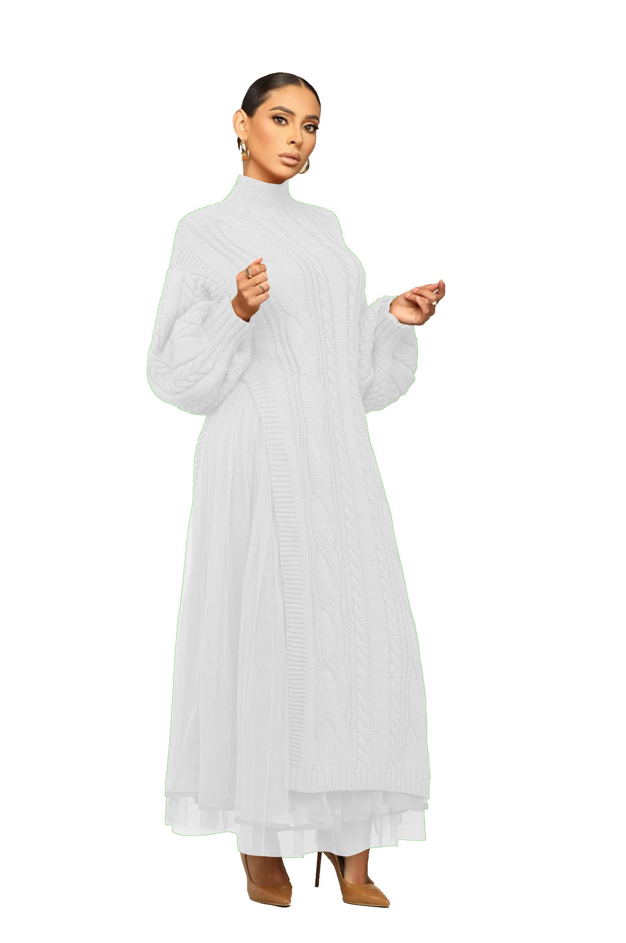 Women Fashion Casual Solid Color Sweater Split Mesh Skirt Two Pieces Set