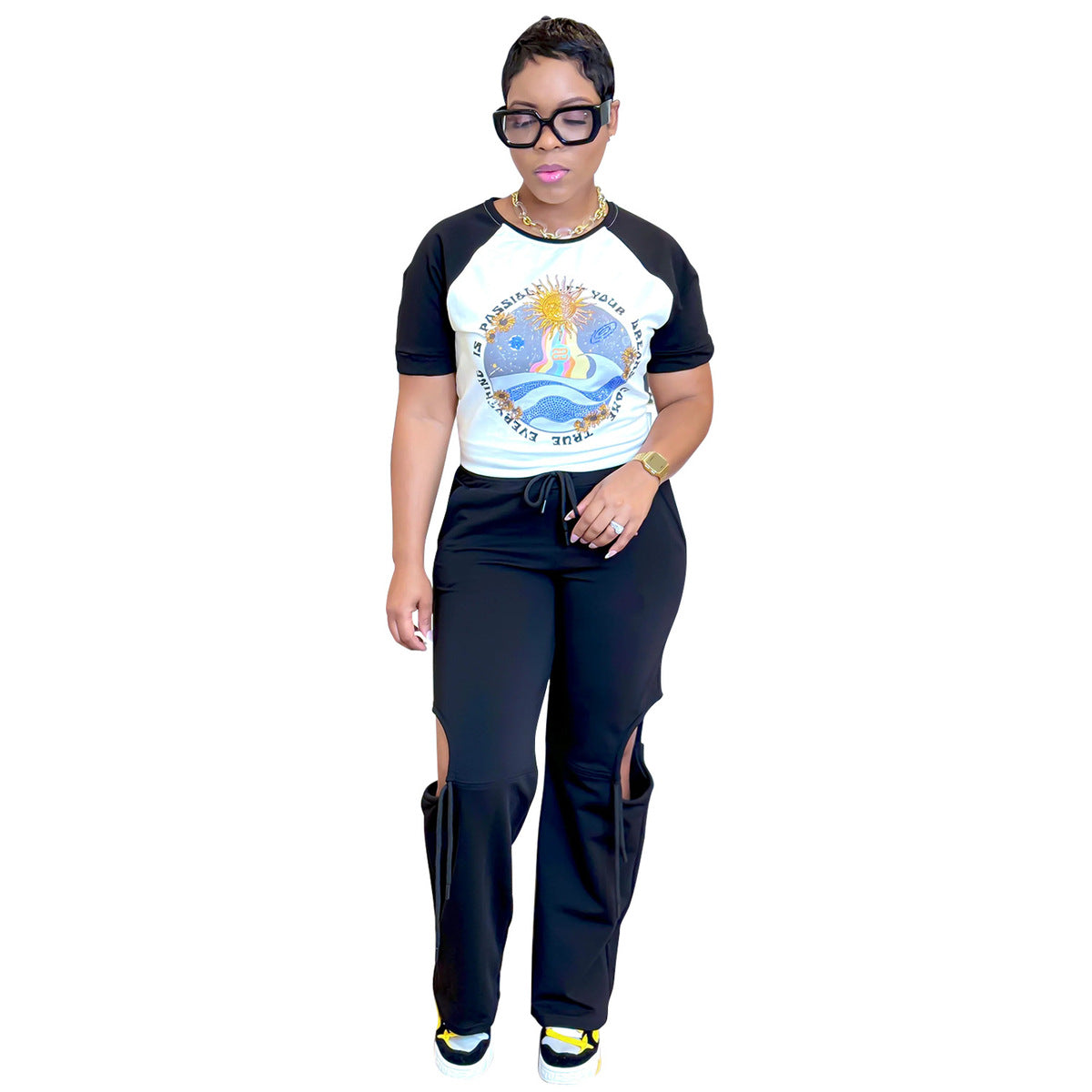 Conjunto de dos piezas para mujer, informal, con estampado, cuello redondo, manga corta, pantalones con abertura lateral