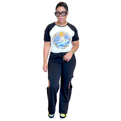 Conjunto de dos piezas para mujer, informal, con estampado, cuello redondo, manga corta, pantalones con abertura lateral