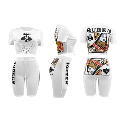Women Fashion Black Q Poker Queen Printed Casual Summer T-Shirt And Shorts Set
