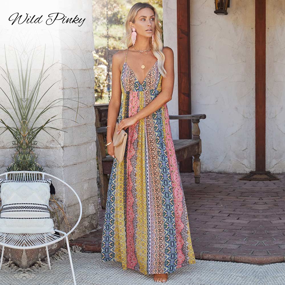 Women Bohemian Casual Vintage Sleeveless Backless V Neck Summer Beach Dress