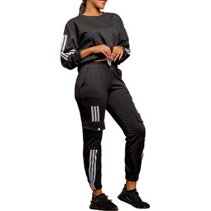 Women Fashion Casual Round Neck Long Sleeve Top Pocket Jogger Pants Two-Piece Set