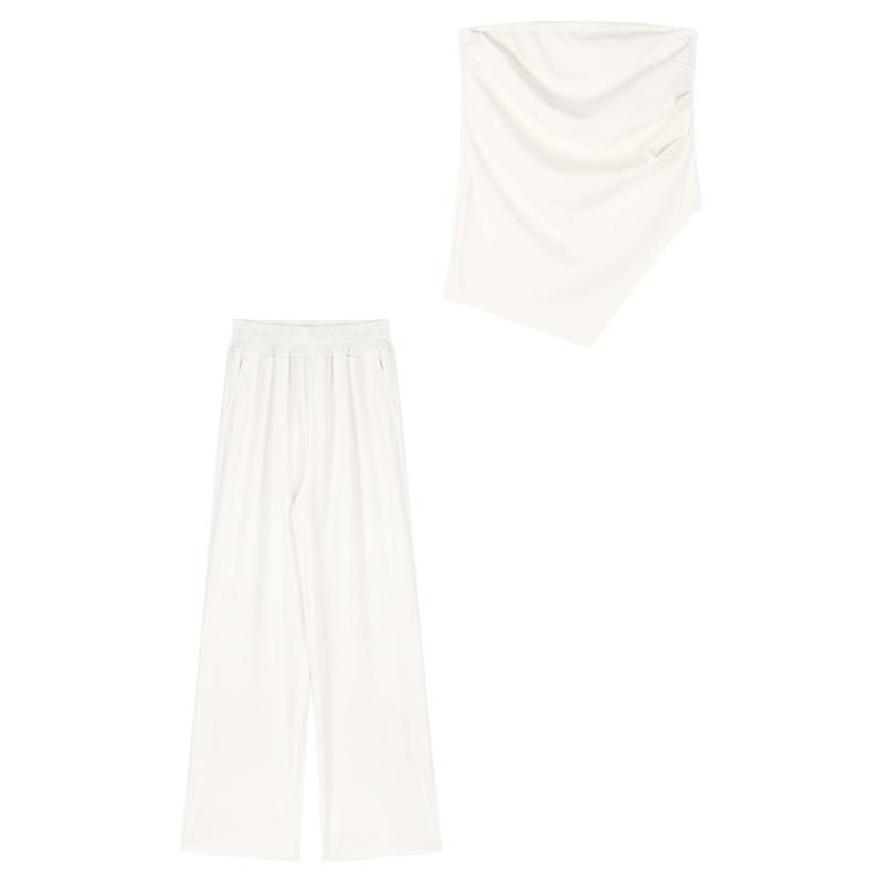Conjunto de 2 piezas de verano para mujer, top de tubo irregular y pantalones anchos informales de cintura alta a la moda
