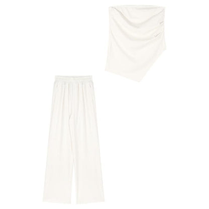 Conjunto de 2 piezas de verano para mujer, top de tubo irregular y pantalones anchos informales de cintura alta a la moda