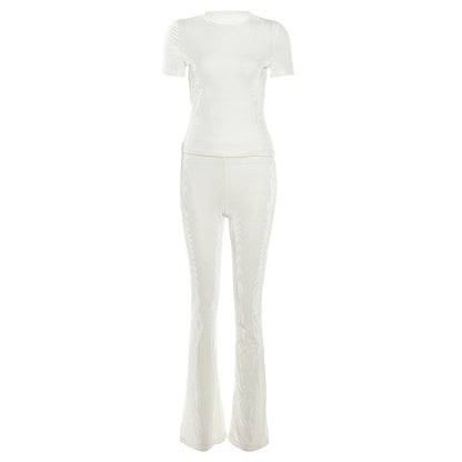 Conjunto de dos piezas formado por top y pantalón de manga corta, cuello redondo, color liso, informal, a la moda para mujer