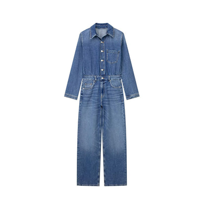 Women Fashion Casual Lapel Long Sleeve Straight Denim Jumpsuit