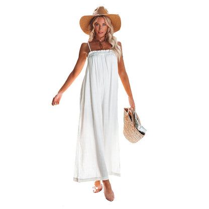 Women Fashion Casual Summer Vacation Solid Color Spaghetti Strap Wide Leg Jumpsuits