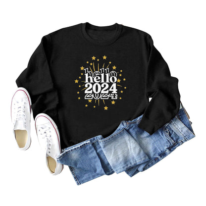 Sudadera holgada informal de color liso para mujer, con estampado de estrellas y letras 2024, cuello redondo y manga larga