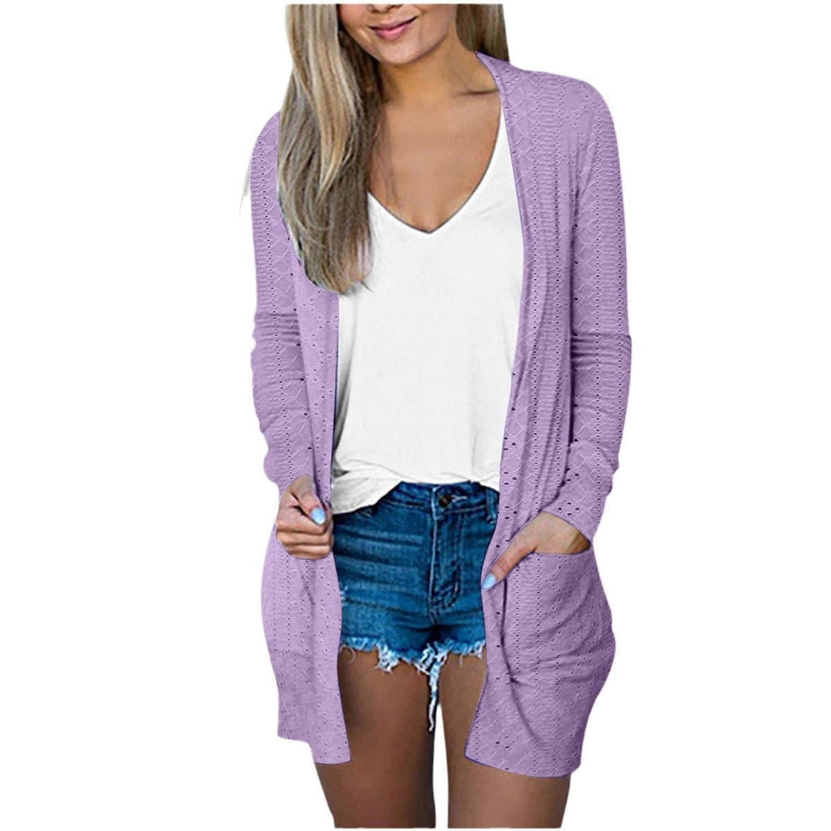 Abrigo informal holgado de manga larga con bolsillos en color liso para mujer