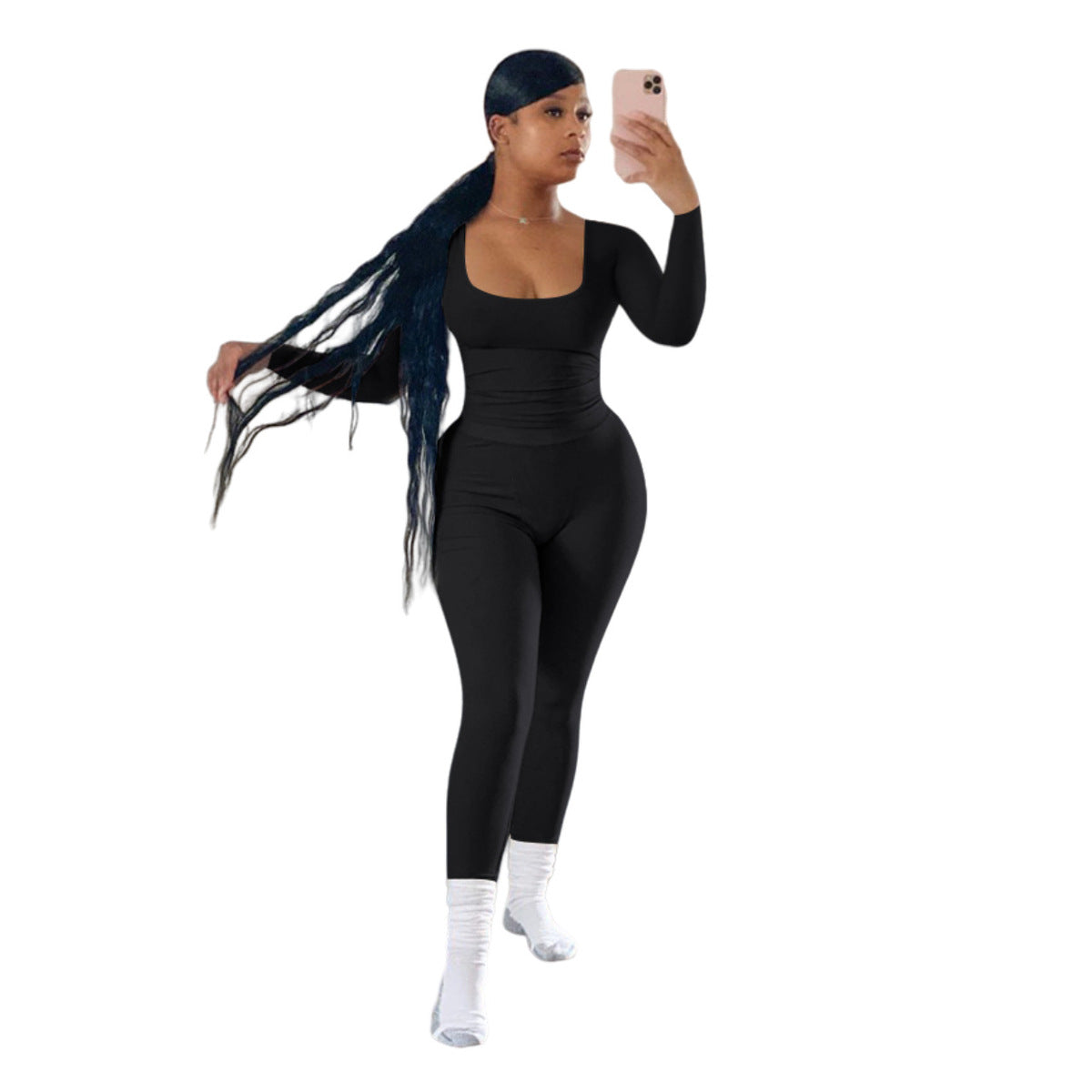 Women Fashion Casual Solid Color Thread Long Sleeve Top Tight Pants Two-Piece Set