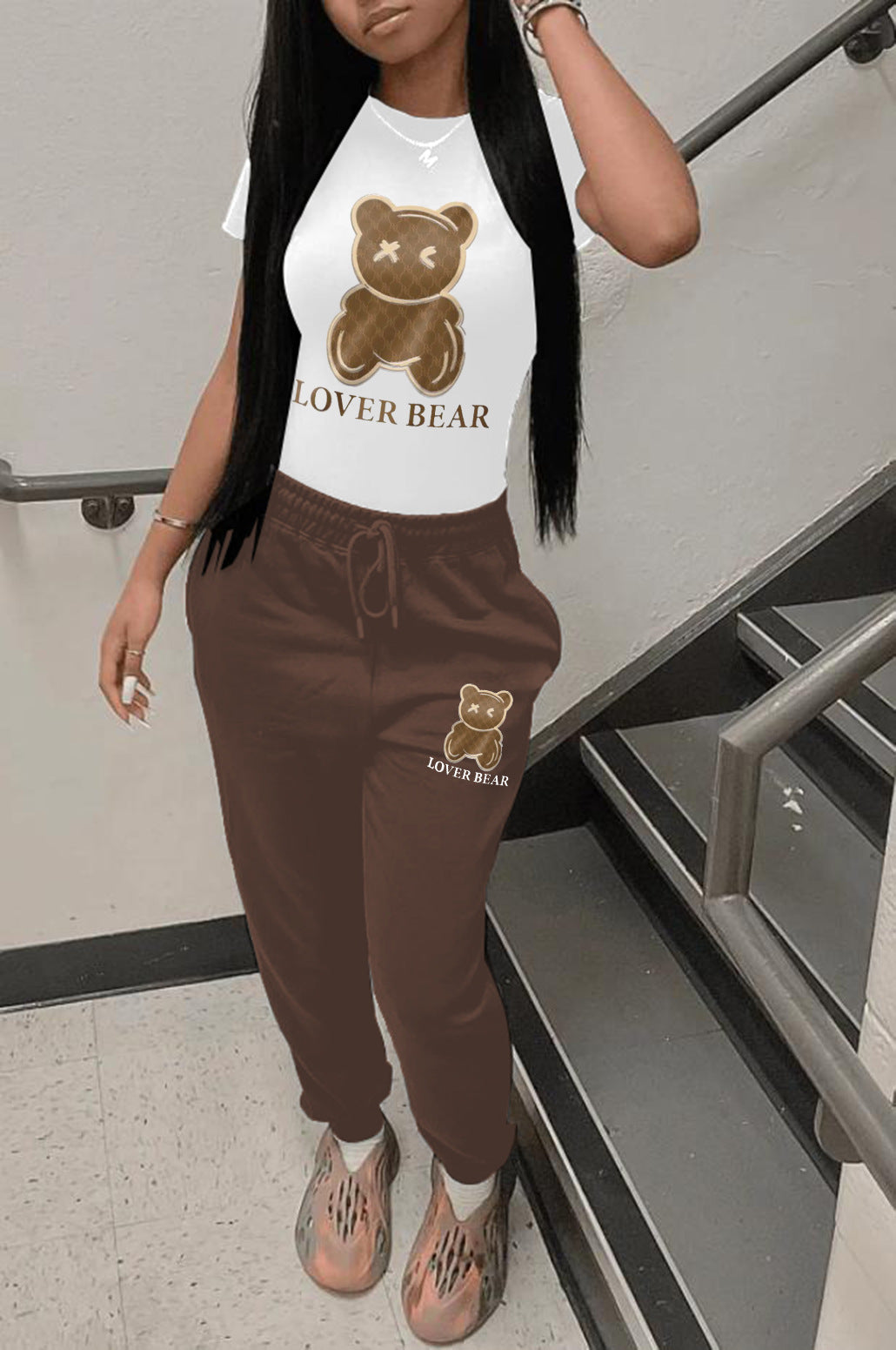 Conjuntos de camiseta y pantalón deportivo informales con estampado de oso para mujer