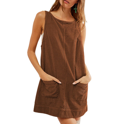 Women Casual Corduroy Solid Color Sleeveless Mini Dress