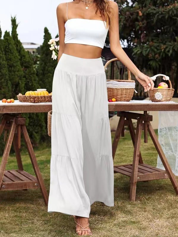 Pantalones anchos de lino y algodón de cintura alta informales de verano para mujer