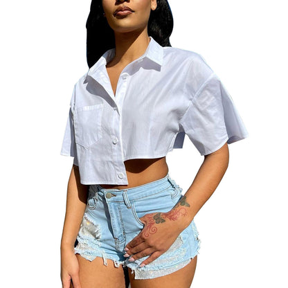 Blusa informal de manga corta con solapa irregular para mujer