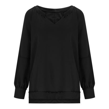 Camiseta informal holgada de manga larga con cuello en V y estampado irregular para mujer