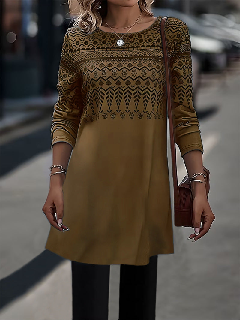 Women Fashion Casual Geometric Print Round Neck Long Sleeve Dress