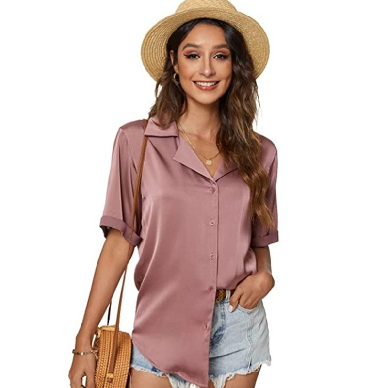 Blusa holgada informal de un solo pecho para mujer, elegante, de oficina, básica, de satén, de manga corta, de verano, de color liso