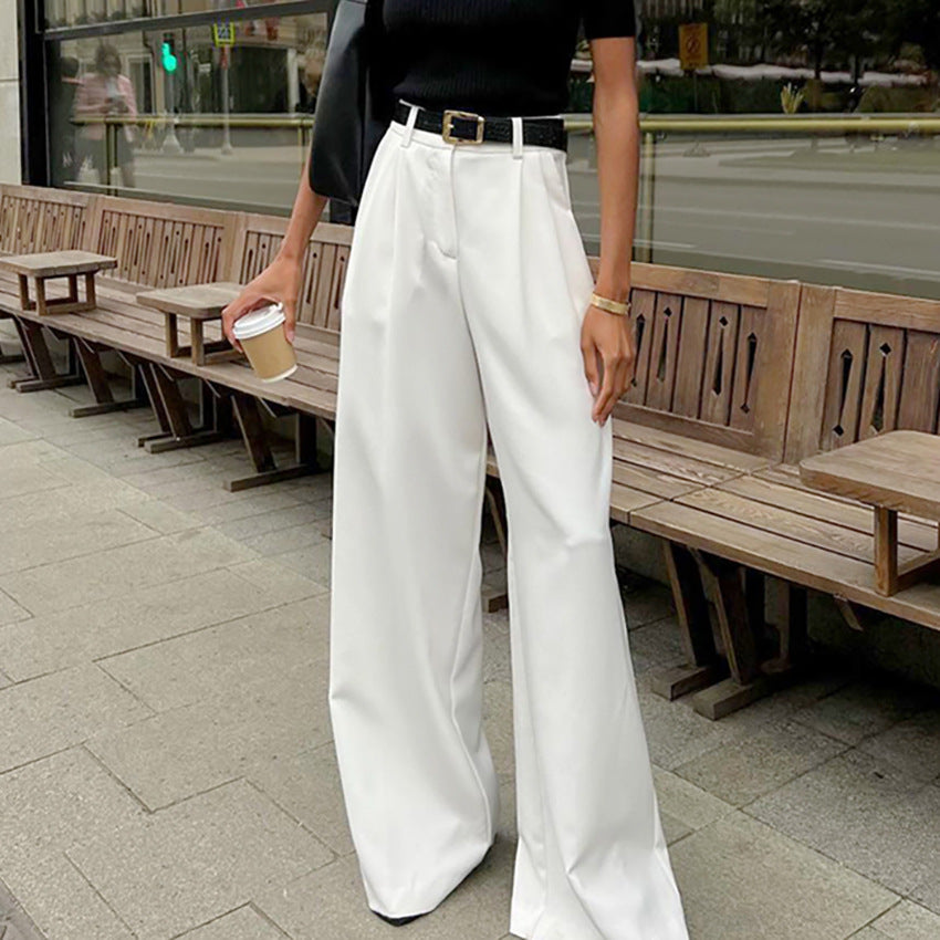Women Fashion Casual Solid Color High Waist Straight Pants