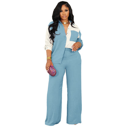 Conjunto de dos piezas de camisa informal con bolsillos y bloques de color para mujer, moda otoño/invierno