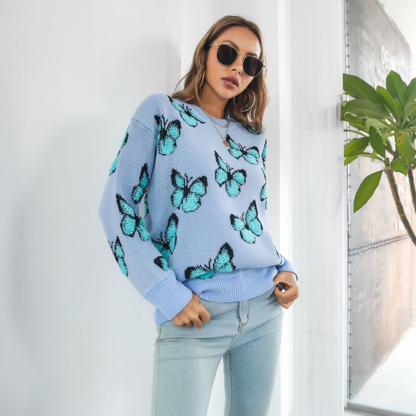 Autumn Winter Women Casual Loose Three-Dimensional Butterfly Long-Sleeved Knitted Sweater