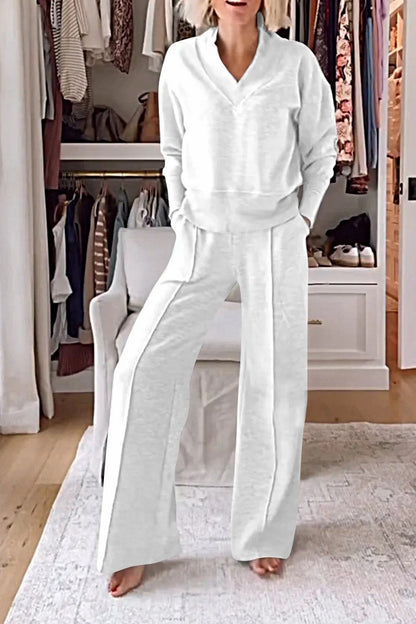Conjunto de dos piezas de top y pantalones anchos de manga larga con escote en V para mujer