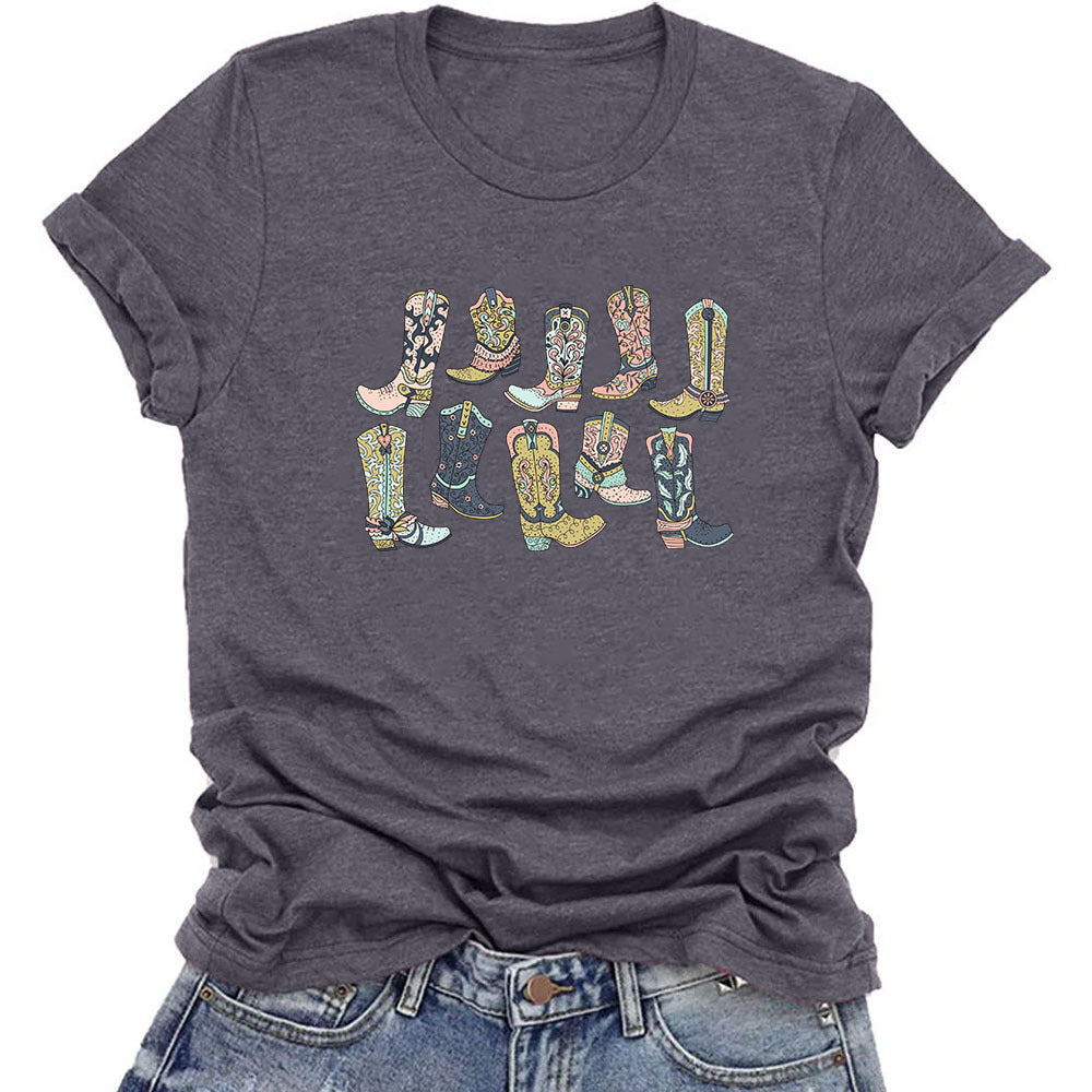 Camiseta vaquera informal de manga corta con cuello redondo para mujer, estilo occidental, de verano