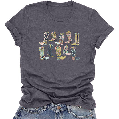 Camiseta vaquera informal de manga corta con cuello redondo para mujer, estilo occidental, de verano