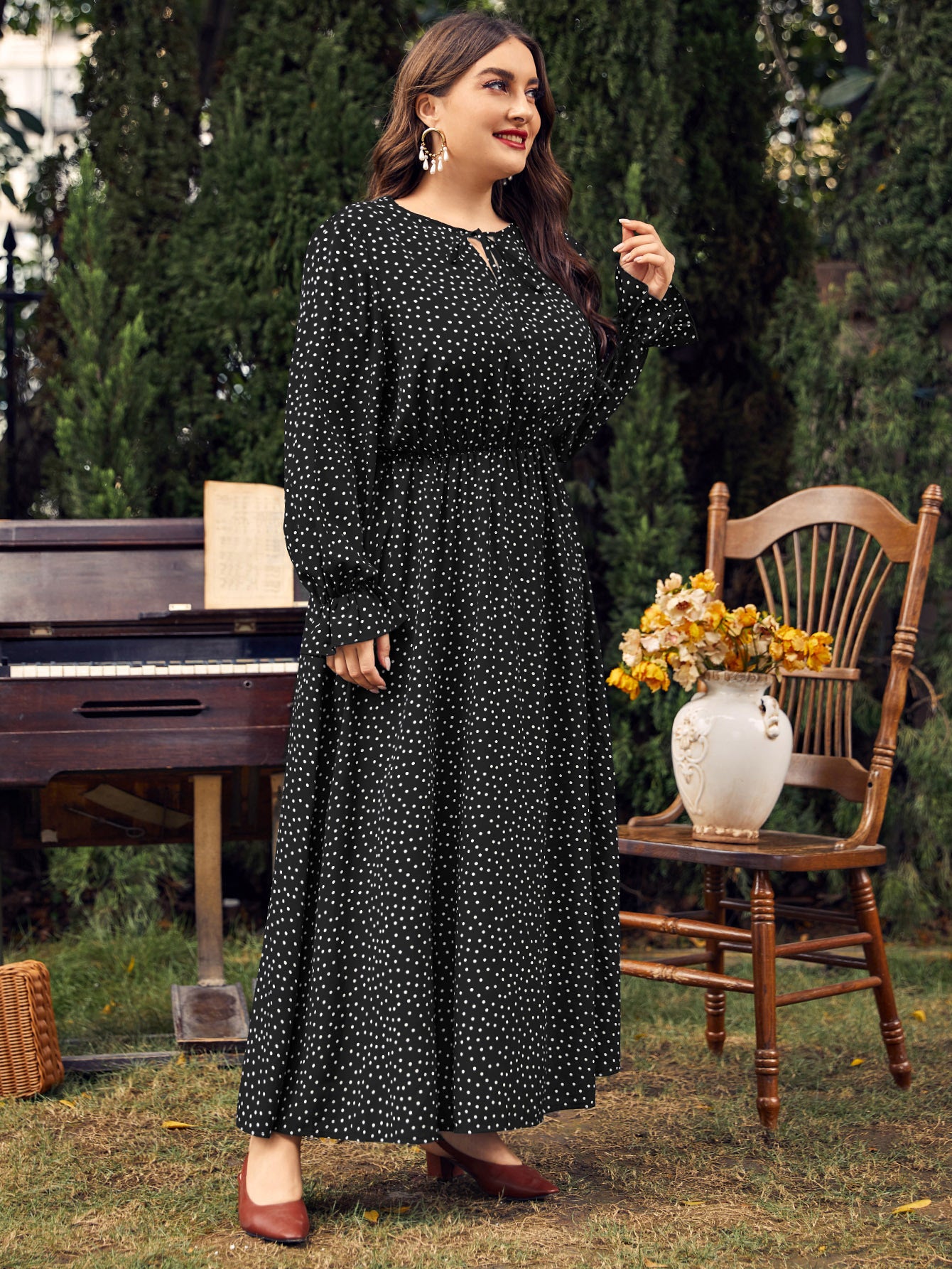 Women Fashion Casual Plus Size Polka Dot Print Long Sleeve Dress