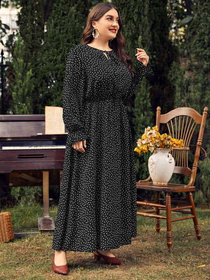 Women Fashion Casual Plus Size Polka Dot Print Long Sleeve Dress