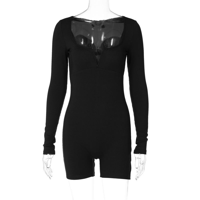 Women Fashion Casual Solid Color U Collar Long Sleeve Rompers