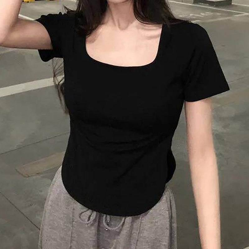 Camiseta informal de manga corta irregular con cuello en U y color liso para mujer