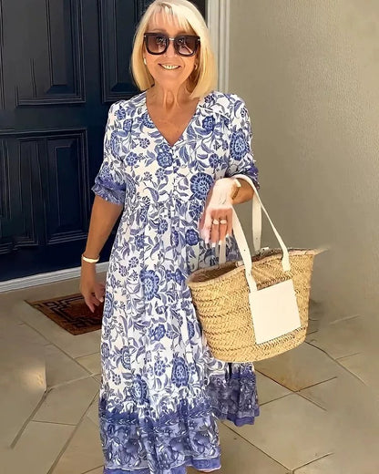 Women Fashion Casual Floral Printing V Neck Short Sleeve Dress