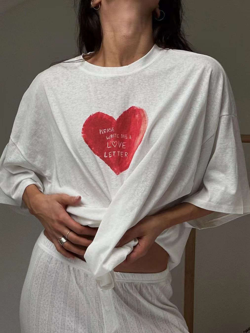 Camiseta informal de algodón con cuello redondo y media manga para mujer