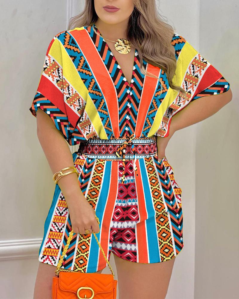 Women Fashion Casual Gradient Printing Dolman Sleeve Defined Waist Romper