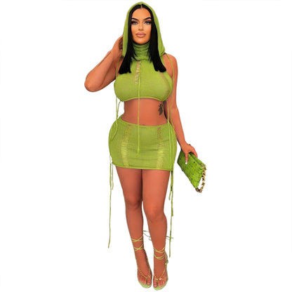 Conjunto de top corto de punto con capucha, falda y pantalones cortos de playa, informal, sin mangas y sexy para mujer