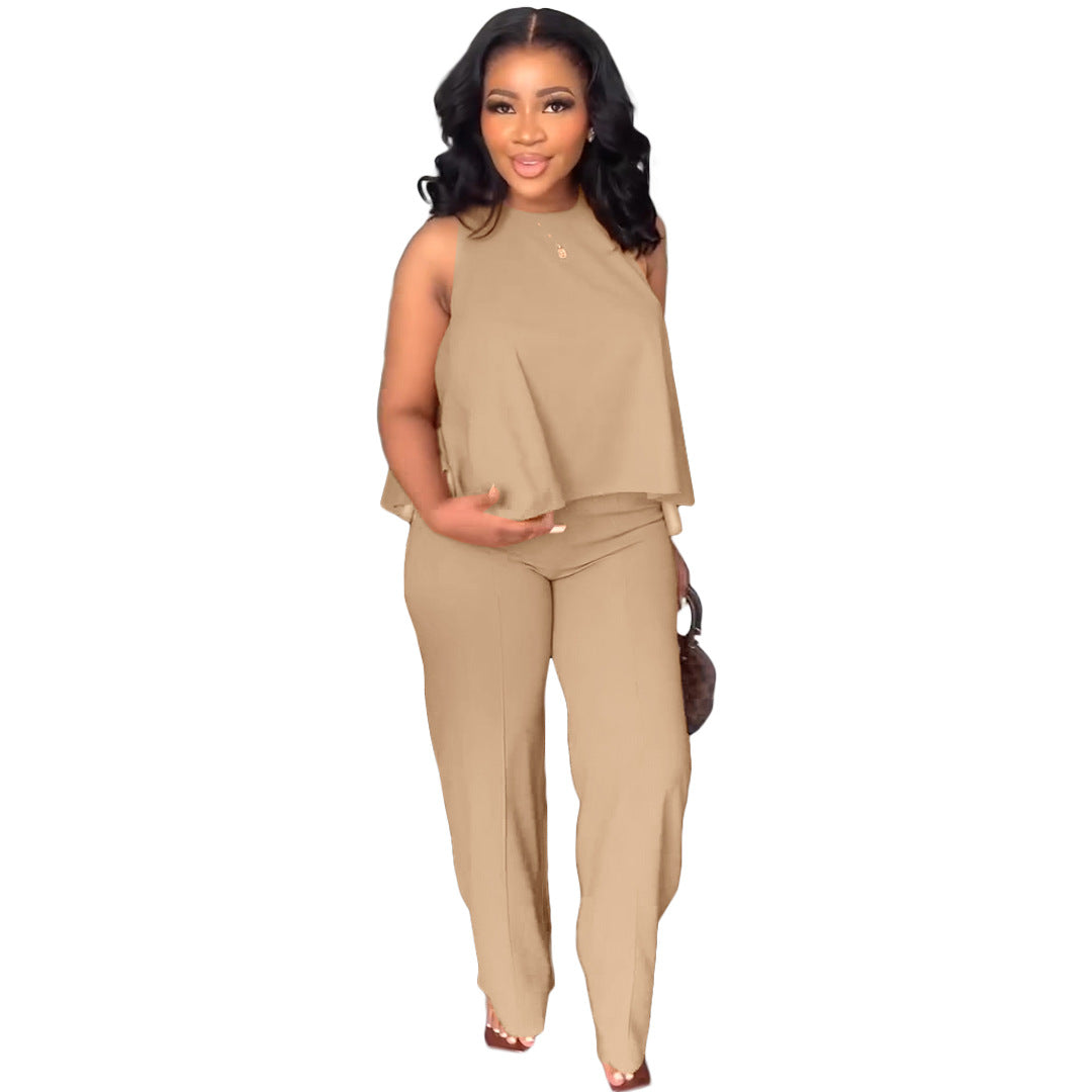 Conjunto de blusa y pantalones holgados sin mangas informales de verano para mujer