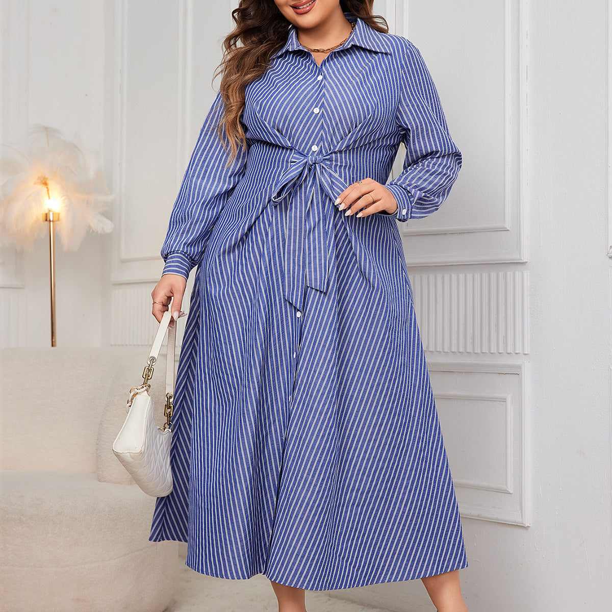 Women Fashion Casual Plus Size Stripe Lace-Up Lap Long Sleeve Shirt Dress