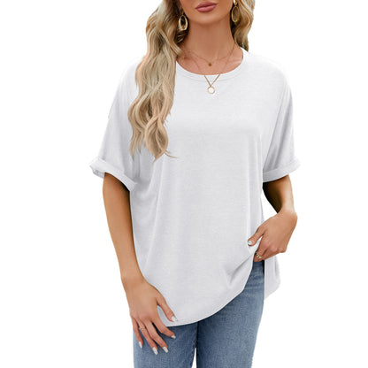 Camiseta informal de verano para mujer, color liso, cuello redondo y manga corta