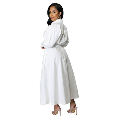 Elegant Women Casual Long-Sleeved Solid Color Maxi Shirt Dress
